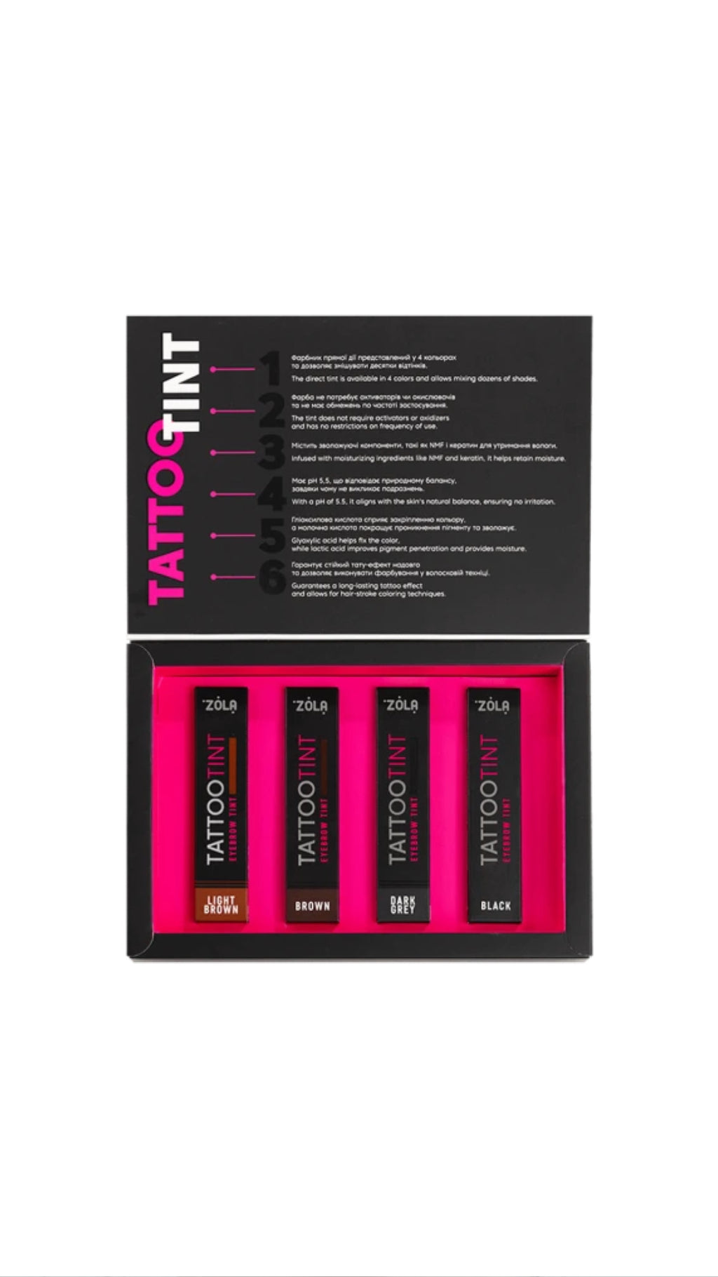 ZOLA – Set de vopsele pentru sprâncene și gene Tattoo Tint Kit, 4 × 15 ml
